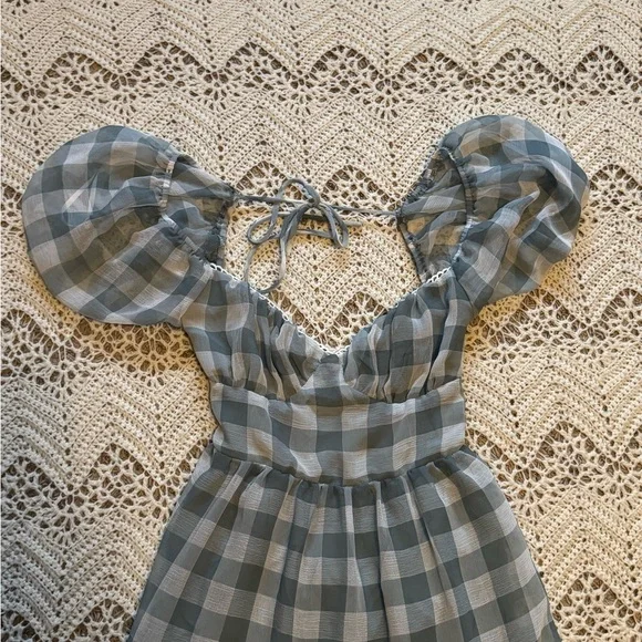 Mable Blue & White Gingham Open Tie Back Midi Dress Size Large Puff Sleeves - Picture 3 of 10